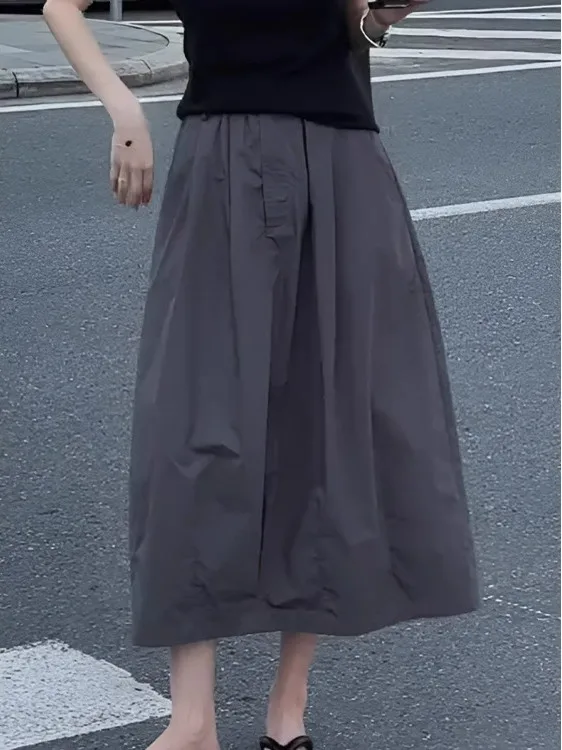 

Ele ey High Waist Elastic Women's Skirt Summer New Sle Casual Workwear Midi Length A-Line Skirt Body Concealing Slimming