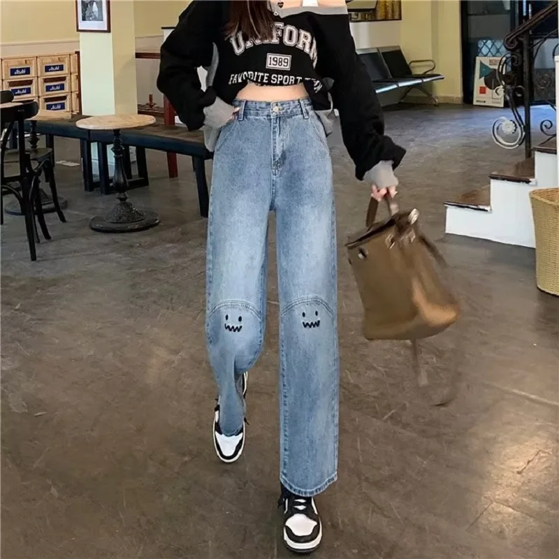 

Y2k Fashion Tide Light Design Smiley Face Embroidered Jeans Women High Waist Hip Hop Loose Straight Leg Small Fall Wide Pants