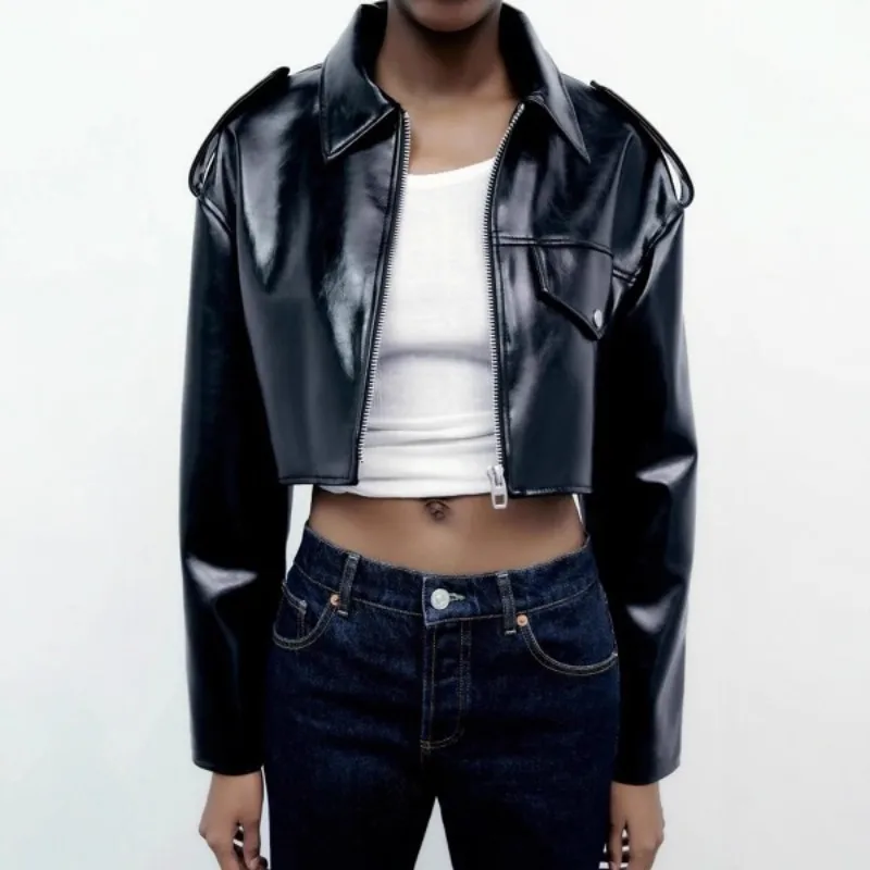 

Женская весенняя новинка 2026: повседневная укороченная кожаная куртка однотонного цвета, уличный стиль, черная, с длинными рукавами, на пуговицах, короткая куртка-жакет, верхняя одежда