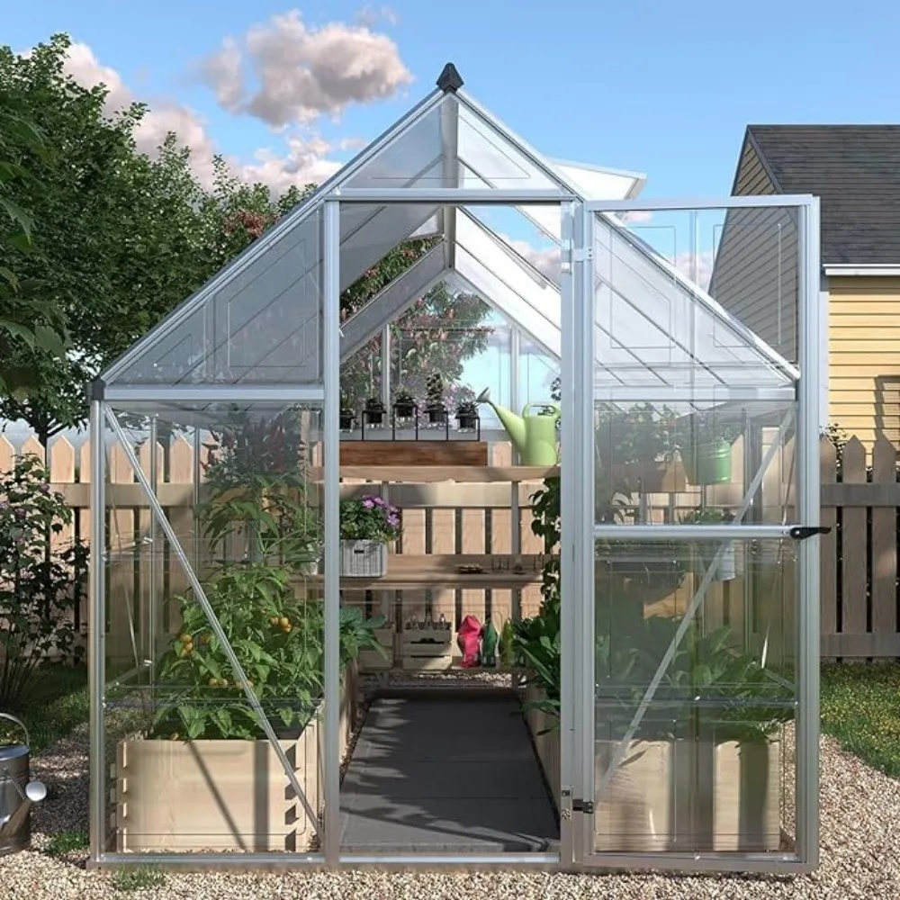 6x12 FT Hybrid Polycarbonate Greenhouse ， Aluminum Sun House for Outdoor Walk-in Hobby Greenhouse Sun Room, Silver