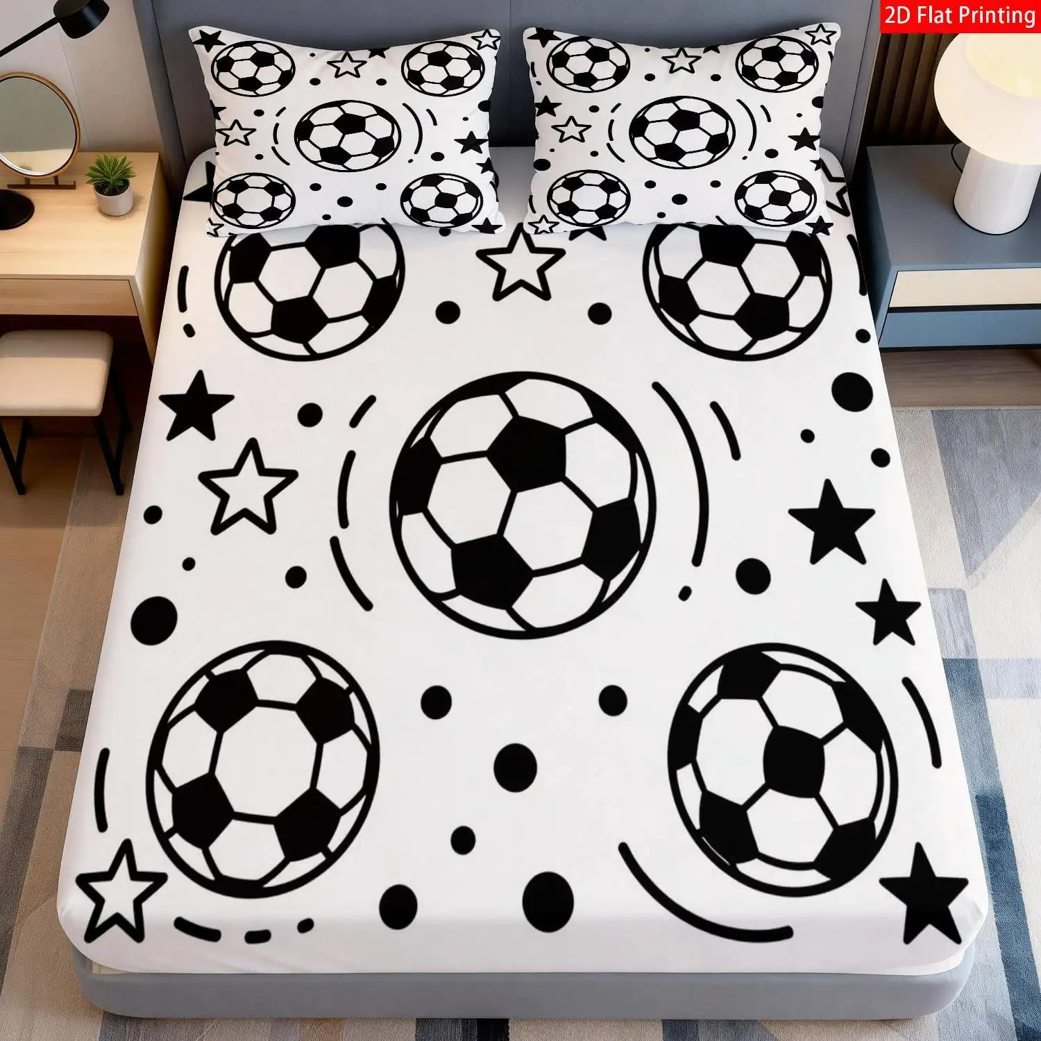 Customize 2/3pcs 2D Flat Printing Fitted Sheet * Modern Sports Style, Soccer Theme Bedding, Black White Color, Football Star Pat