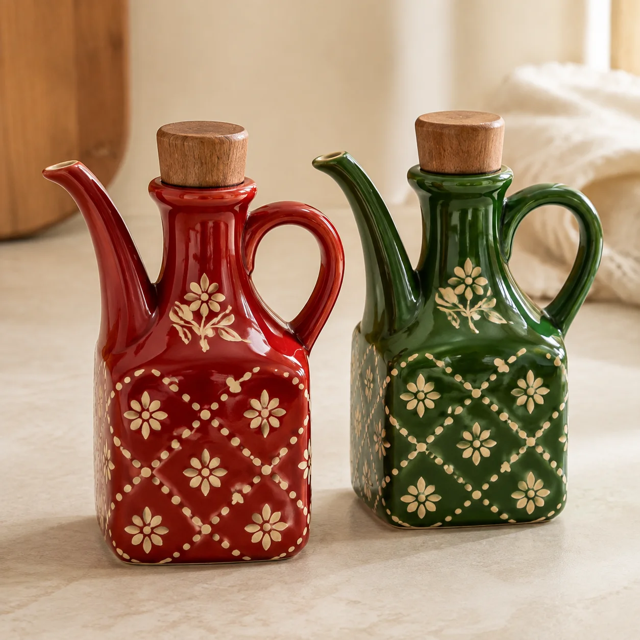 250ml Vintage Ceramic Oil Dispenser Bottle with Wooden Lid, Square Floral Soy Sauce Vinegar Cruet for Kitchen Table Decor