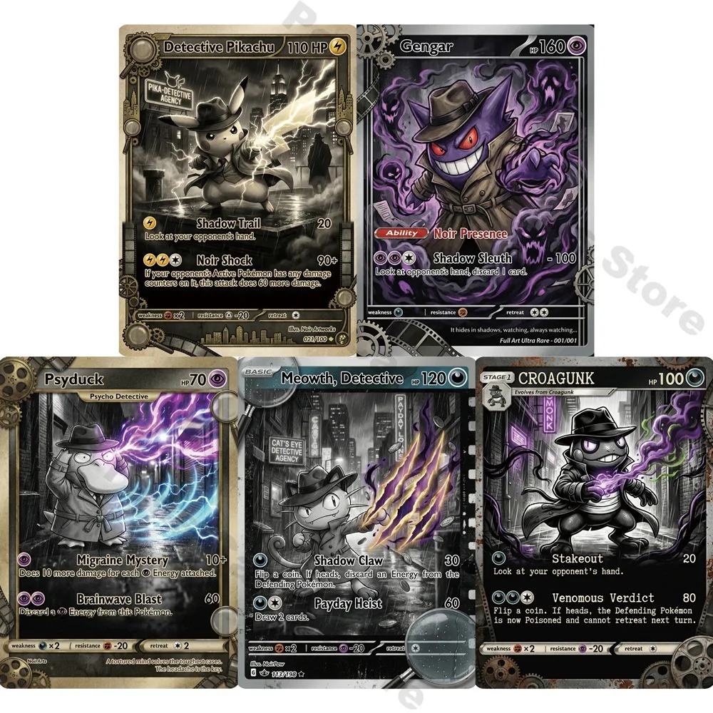 5Pcs PTCG Cards Gengar Meowth Psyduck Film Noir Detective Style Rare Holo PTCG Cards Game Collection Cards Toy PTCG Gift