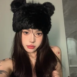 Korean Black Bear Ears Rabbit Fur Hat Cute Plush Wrap Head Cap Cold Warm Fur Caps