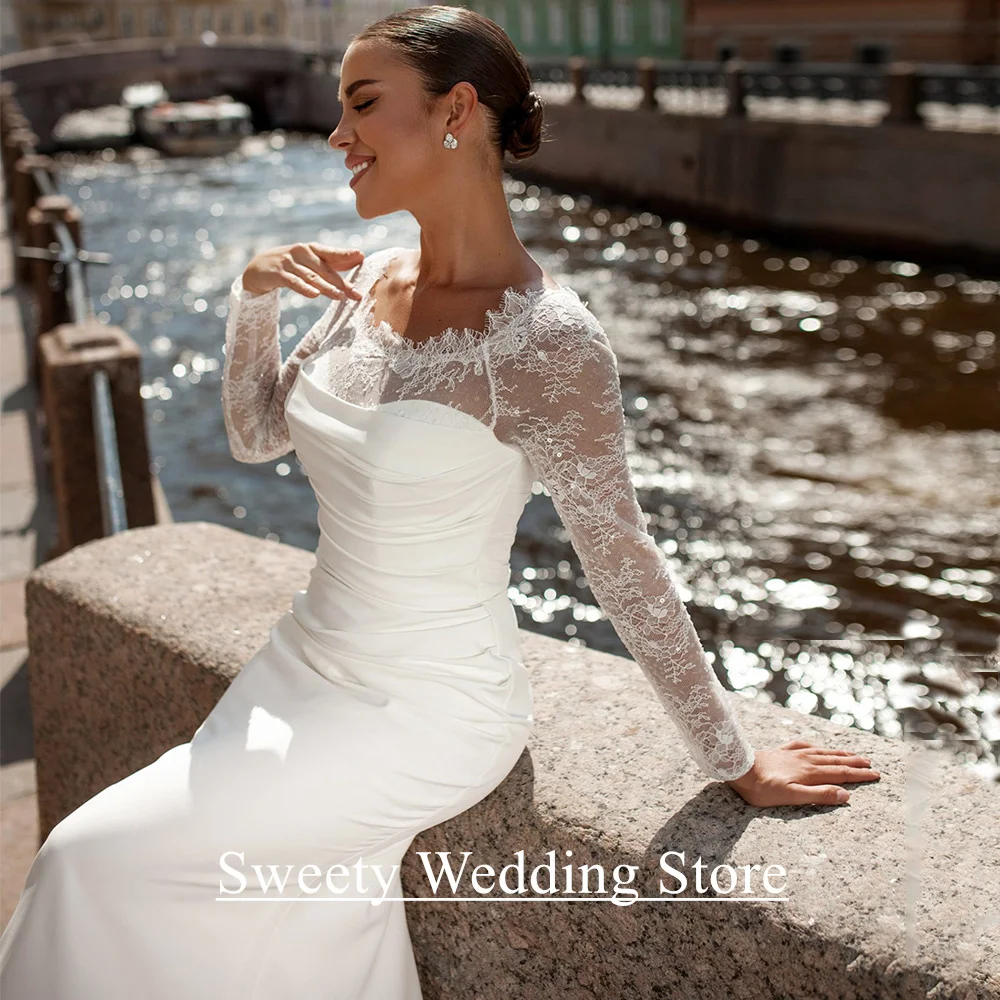 섹시한 웨딩드레스 머메이드 맞춤형 레이스 긴 소매 스쿱넥 플리츠 스윕 트레인 여성 신부 드레스 베스티도 데 노이바