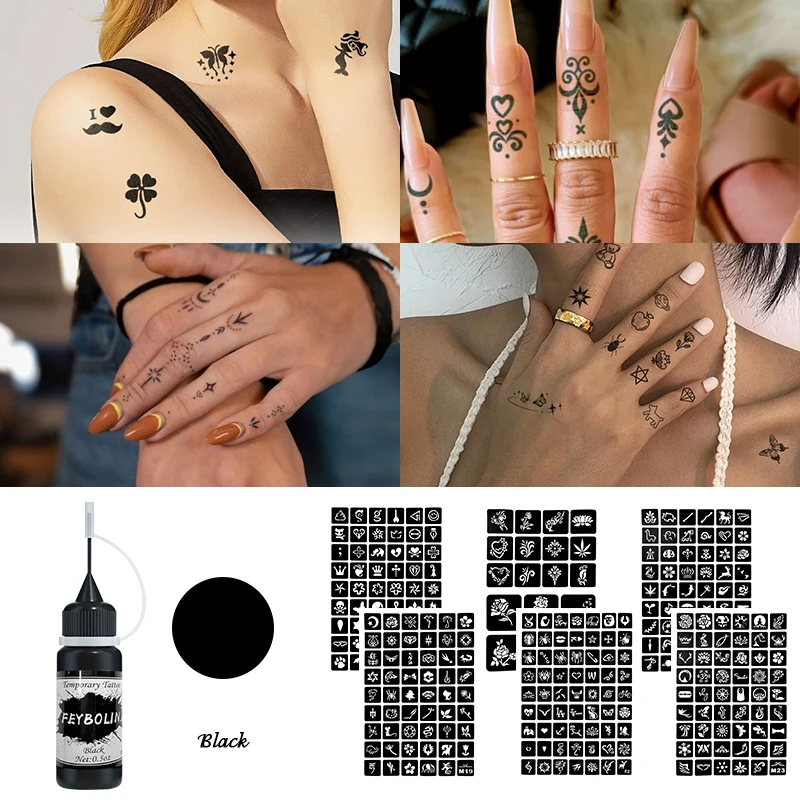 Langlebiges temporäres Tattoo-Gel-Set in verschiedenen Farben mit 6-teiligen Schablonenaufklebern für kreative Körperkunst, Partys, Feiertage, Festivals
