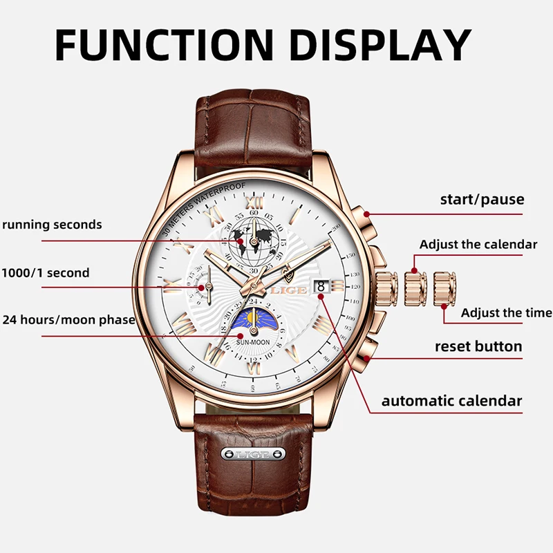 LIGE New Mens Watches Brand Luxury Leather Strap Waterproof Sport Quartz Chronograph Military Watch Men Clock Relogios Masculino