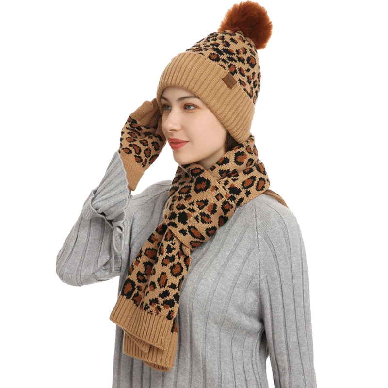 Leopard Print Embellished Hat Scarf Gloves Set Women Purple Winter Knit Pompom Hat Warm Long Neck Scarf Touchscreen Gloves Set