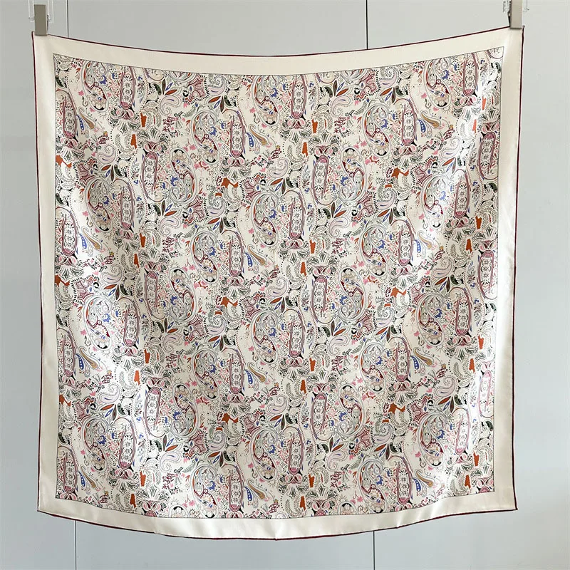 ペイズリープリント 100% シルクスカーフ ネッカチーフ ラージスクエアヘッドスカーフ ヒジャブ ヘアラッピング用 35インチX35インチ