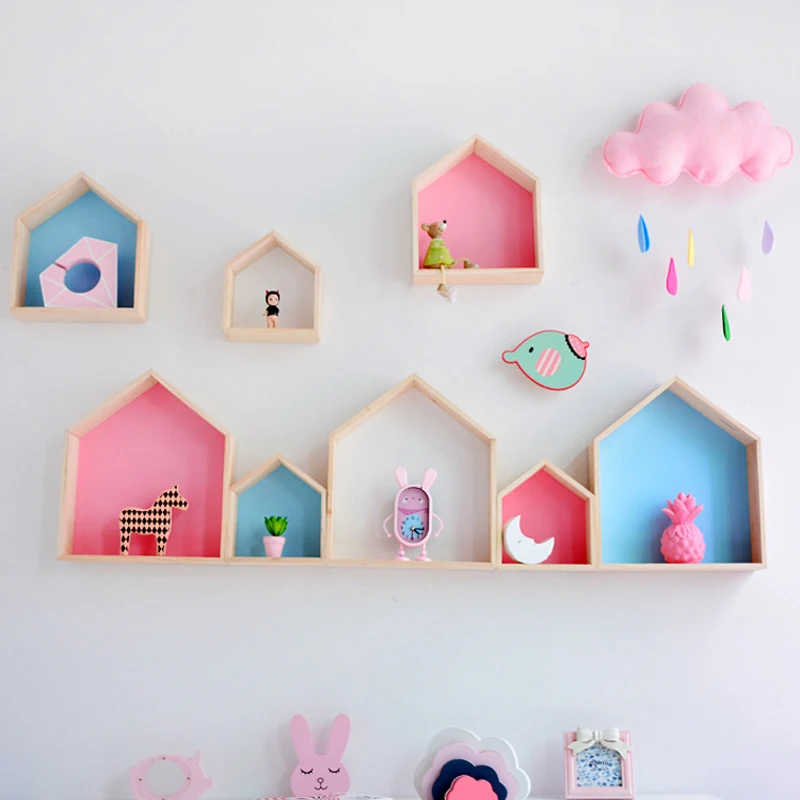 

3Pcs Wall Mounted Shelves Wooden House Shaped Floating Shelf Children's Bedroom Nursery Room Decorations Wall Organizer