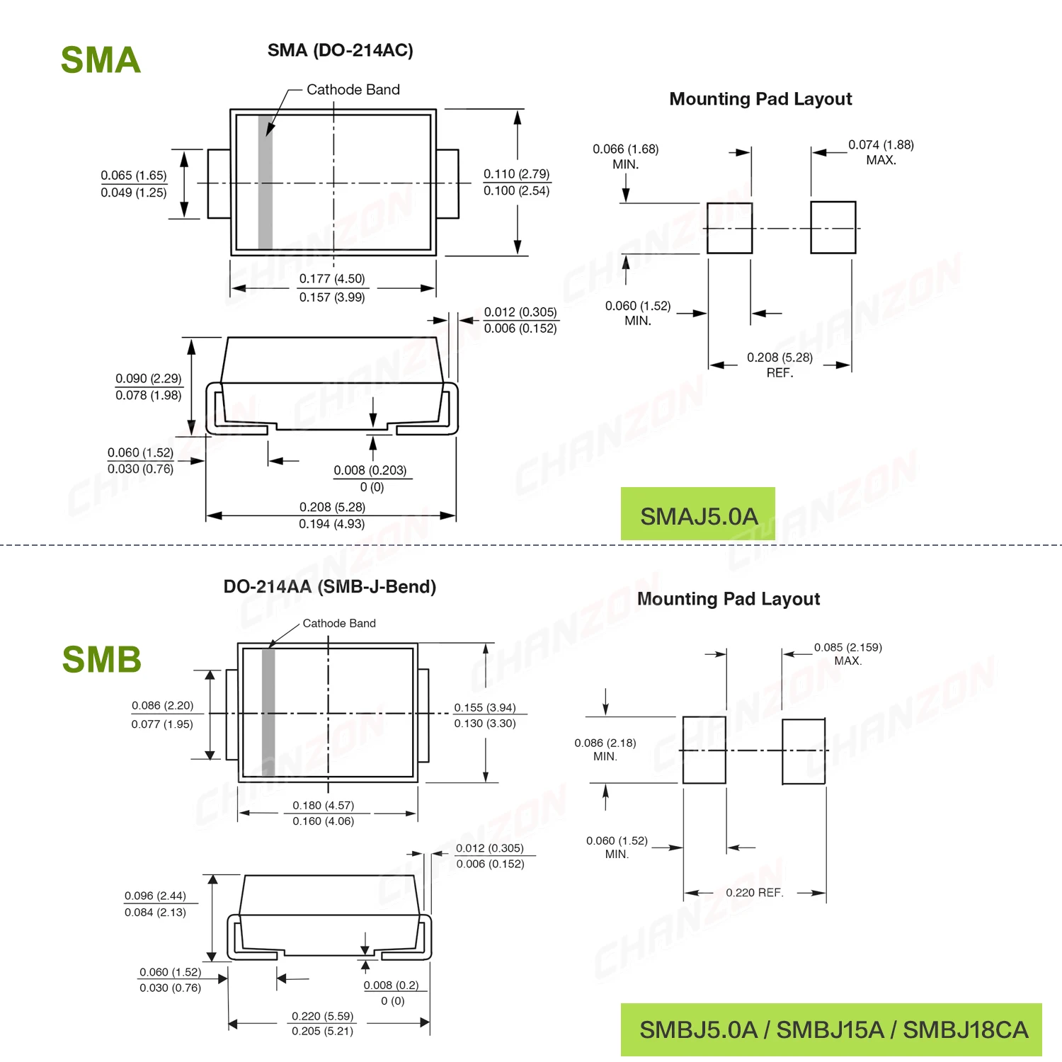 4 Values SMD TVS Diode SMAJ5.0A SMBJ5.0A SMBJ15A SMBJ18CA SMA SMB Unidirectional Channel Transient Voltage Suppessor Diodes