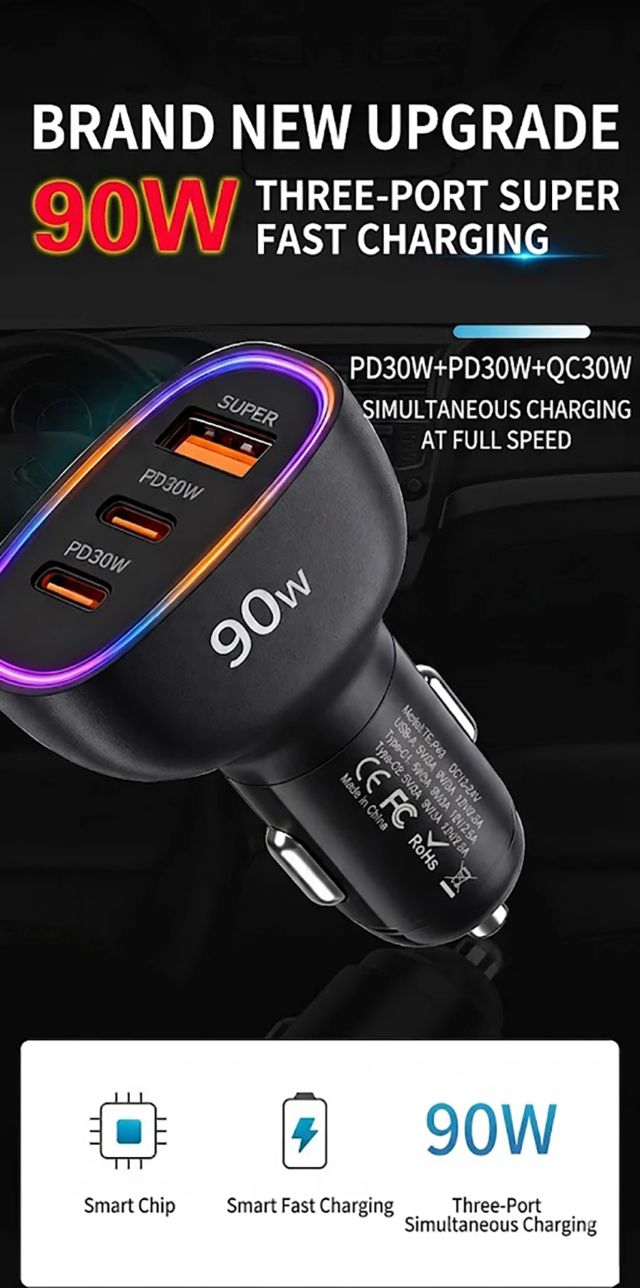 Fast Car Charger 90W 3 Ports Multi USB C PD 30W and USB A QC 30W Automobile Power Adapter with Glowing Ring For Smart Devices