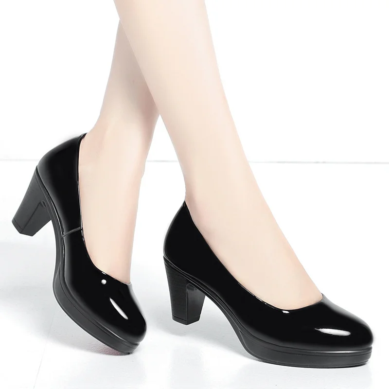 Professional Shallow Mouth Single Shoes For women Round Toe Thick Sole Non-slip Black Thick High Heel Work Shoes