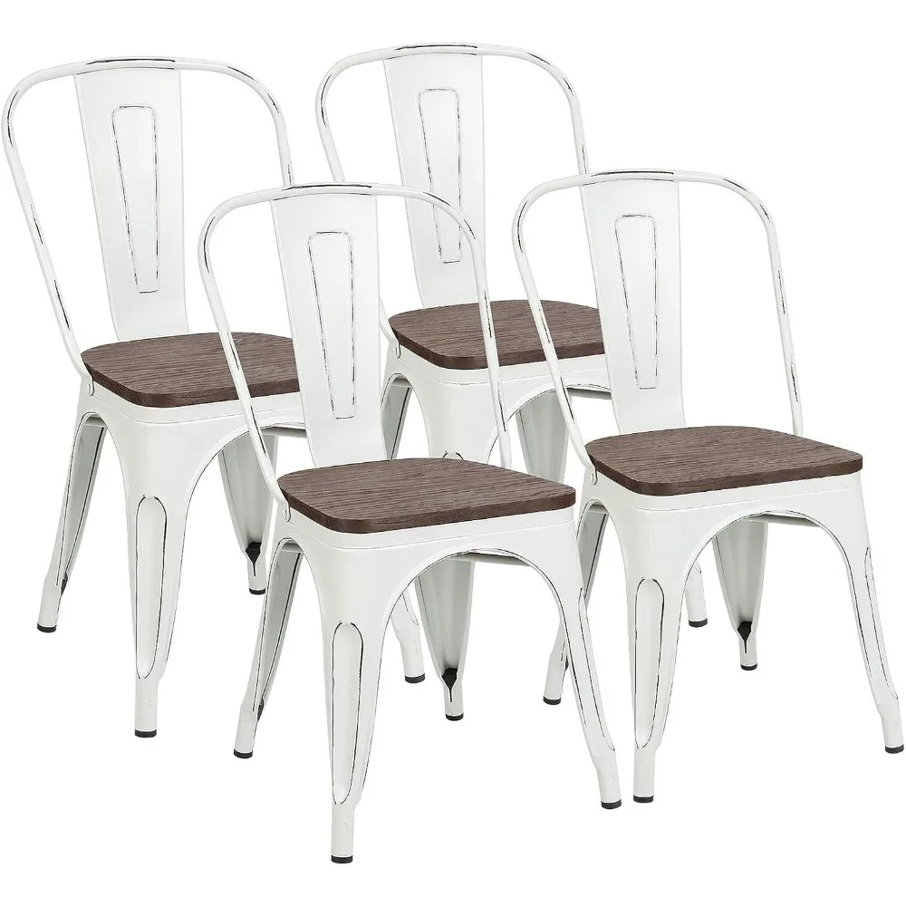 3Metal Dining Chairs with Wood Seat, Indoor Outdoor Use Stackable Tolix Industrial Metal Chairs Set of 4 for Kitchen