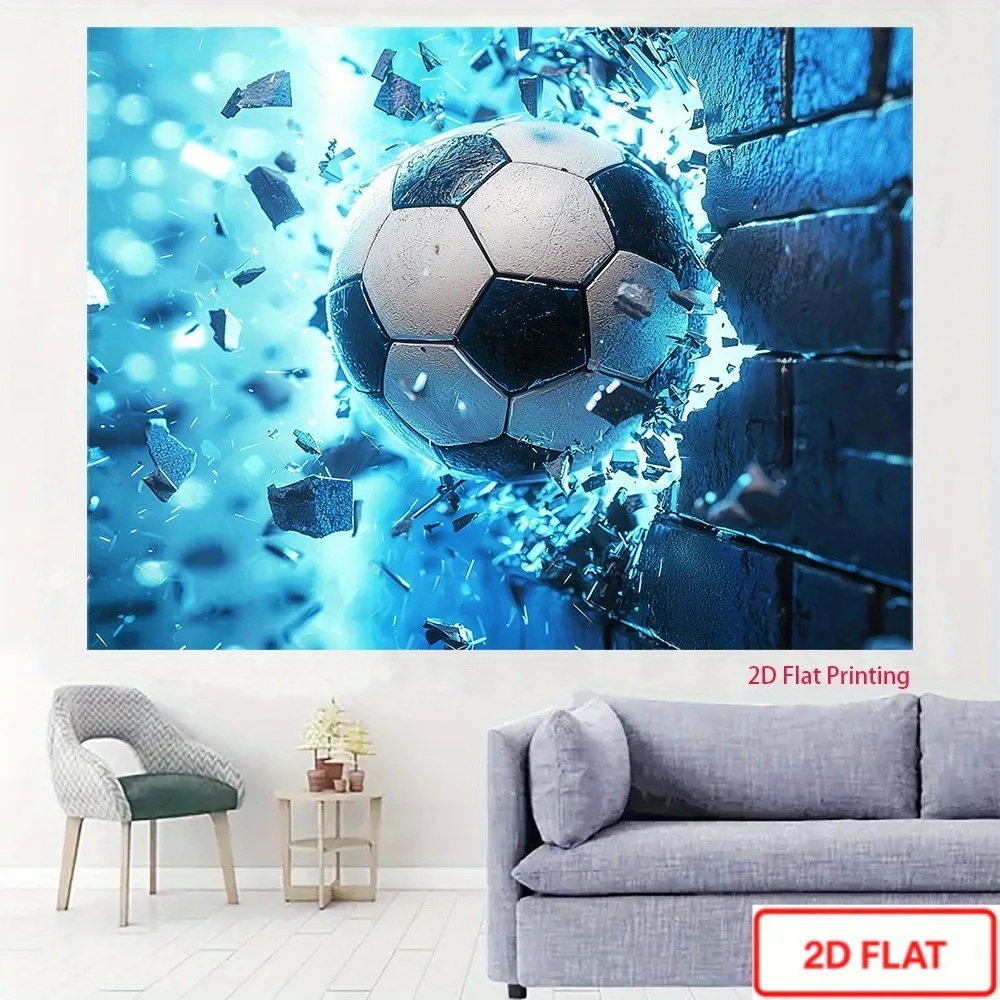 Soccer Ball Tapestry, 3D Breaking Wall Art Wall Hanging, Blue Energy Effect Decor, Boys Room Sport Backdrop, Football Fan Gift
