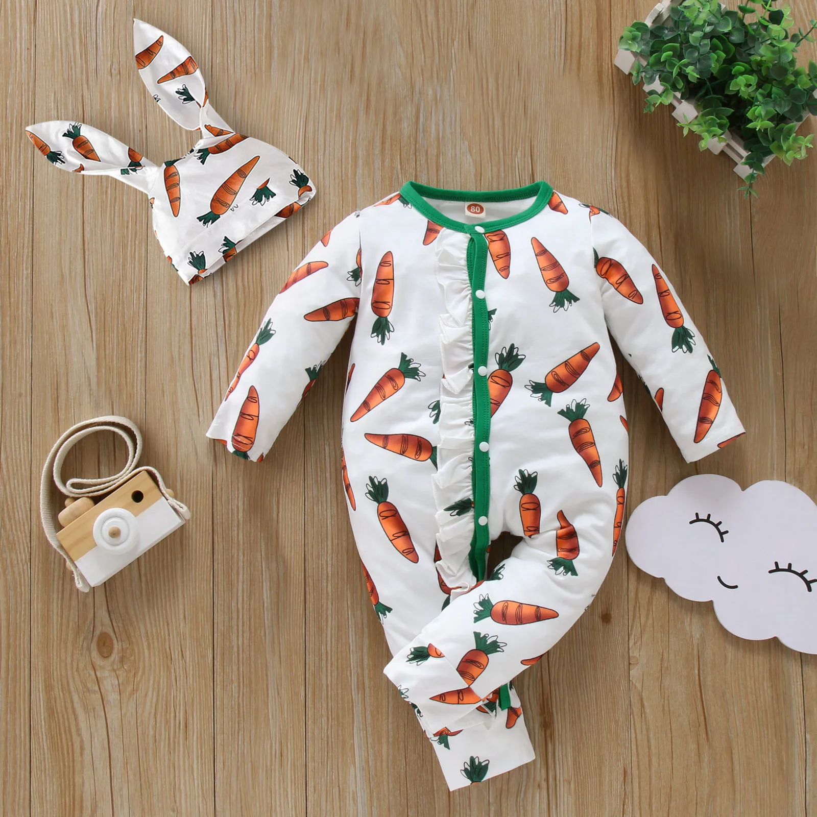 Infant Clothes Baby Boy Girl Cartoon Carrot Print Romper Jumpsuit+Rabbit Ears Hat Set Outfit Baby Autumn Winter Overall