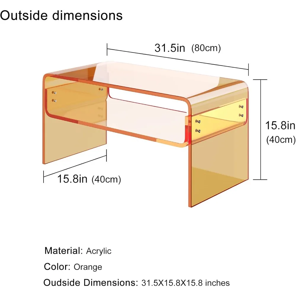 طاولة قهوة أكريليك، أثاث طاولة جانبية من الأكريليك مستطيلة برتقالية، طاولة شاي حديثة مع مساحة تخزين مفتوحة، طاولة نهاية أكريليك لـ L