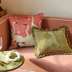 Pink Crane Pillows Luxury Green Chenille Cushion Case Vintage 45x45 50x50 Decorative Pillow Cover For Sofa Chair Home Decoration