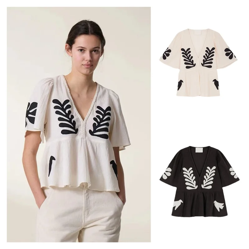 

Leoh Palm Leaf Cotton Shirt with Floral Embroidery V-Neck Short Sleeve Loose Fit French Style Women's Premium Fashion Autumn ...