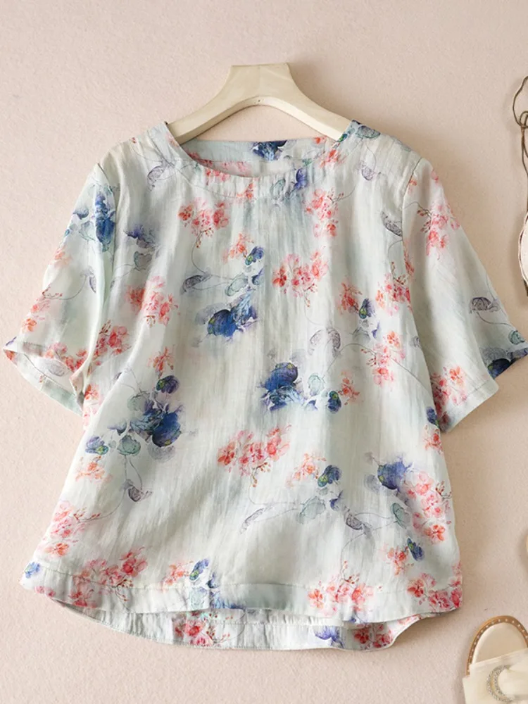 Casual bloemenprint linnen katoen dames T-shirt zomer losse pasvorm veelzijdige afslanktop rond Ne ort Sve rond lichaam