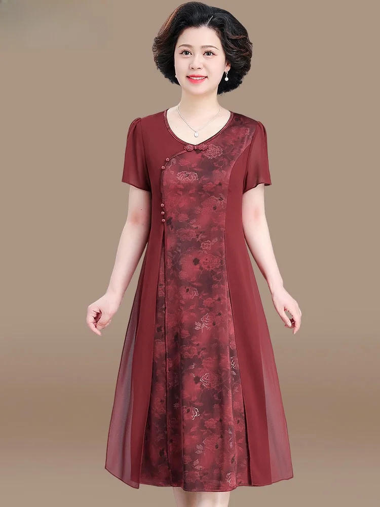 

Летнее модное платье для мам из шифона в стиле ципао, улучшенная версия, для свадебных торжеств, одежда для женщин среднего и старшего возраста, юбка