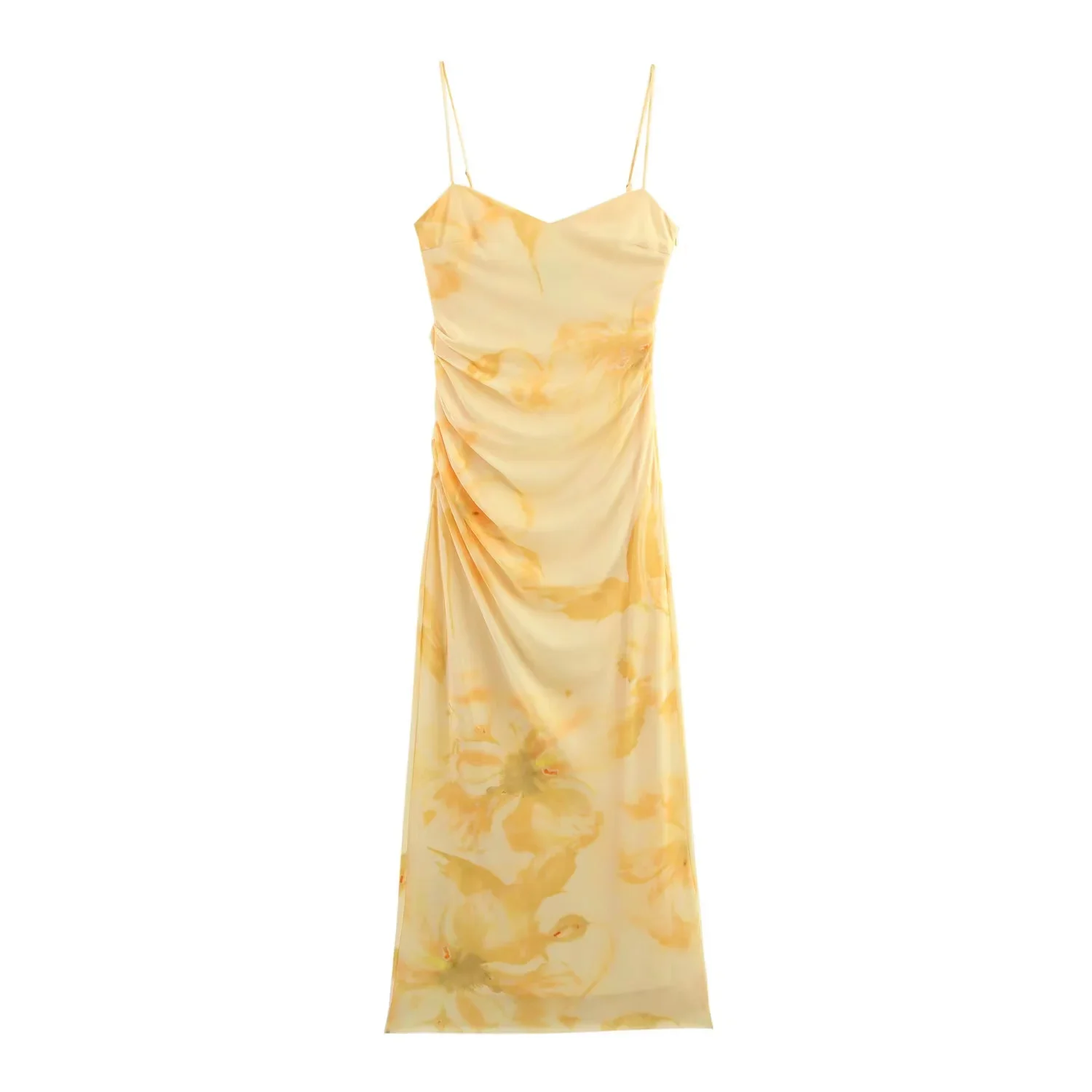 KONDALA 2025 Spring Summer Sexy Mesh Butter Yellow Dress Fashion Streetwear Print Strapless Sleeveless Cami Straight Lady Dress