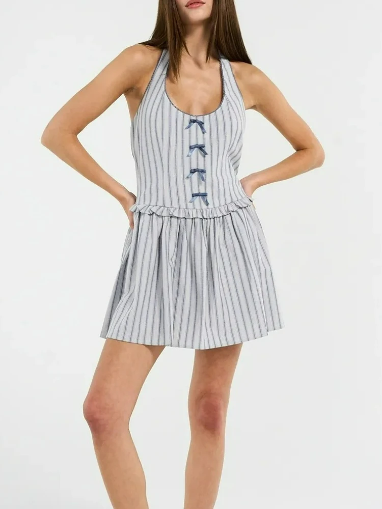 Mini robe d'été à rayures bleues pour femmes, col licou, avec nœud papillon, sans manches, à volants, dos nu, Sexy, style Boho, robes de vacances, nouvelle collection