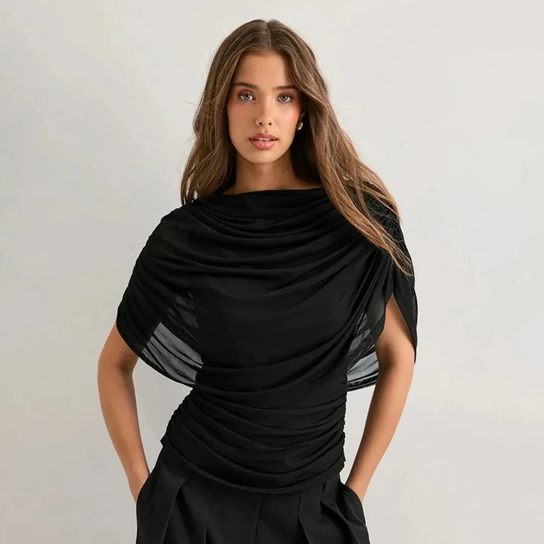 

Женская прозрачная элегантная сексуальная женская повседневная футболка с круглым вырезом, уличная одежда, сетчатый топ с рюшами и короткими рукавами