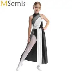 Kids Girls Modern Dance Dress Sleeveless Split Maxi Skirted Leotard Dress Ballet Lyrical Contemporary Performance Dancewear