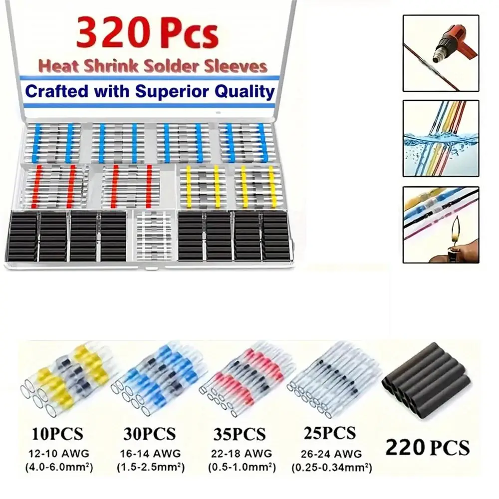 

Heat Shrink Solder Seal Electrical Wire Connector, 320pcs/set Waterproof Wire Cable Gland Terminal Kit