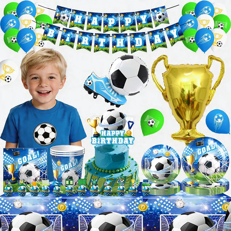 Fußball-Geburtstagsparty-Dekorationen Fußball-Tischgeschirr Teller Becher Tischdecke Ballons Hintergrund-Banner Geschenktüten Jungen-Partyzubehör – Detail 2