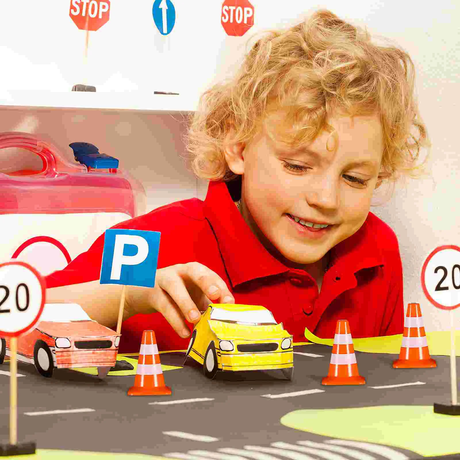 Ensemble de jeu extérieur en plastique pour enfants, cônes de construction, panneau de signalisation routière, voiture, jouet pour tout-petits, 10 pièces