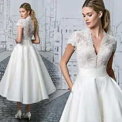 VENSANAC Buttons V Neck Satin Mid Calf Short Wedding Dress A Line Pleat Sash Lace Appliques Bridal Gown