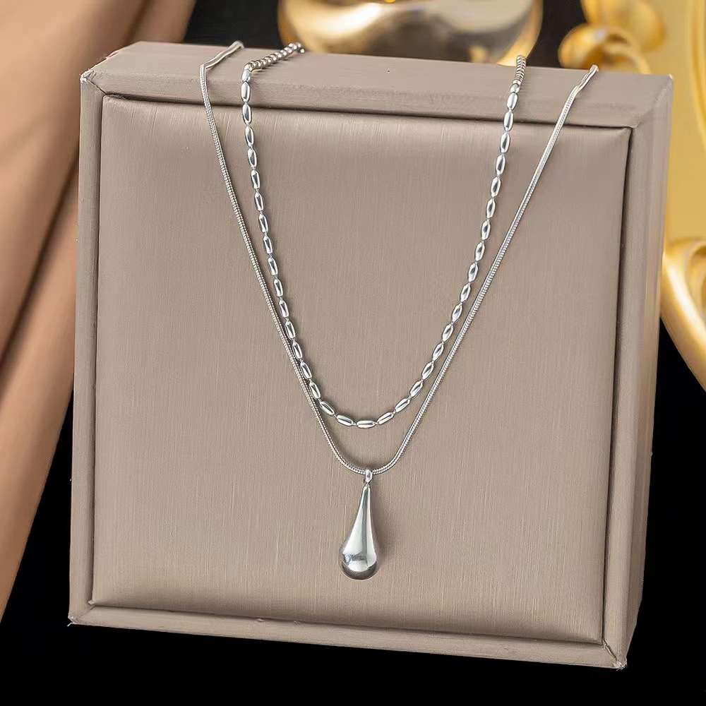 DIEYURO 316L Stainless Steel Golden Water Droplet Double-layer Necklace For Women Trend Fashion Neck Chain Jewelry Daily Gift