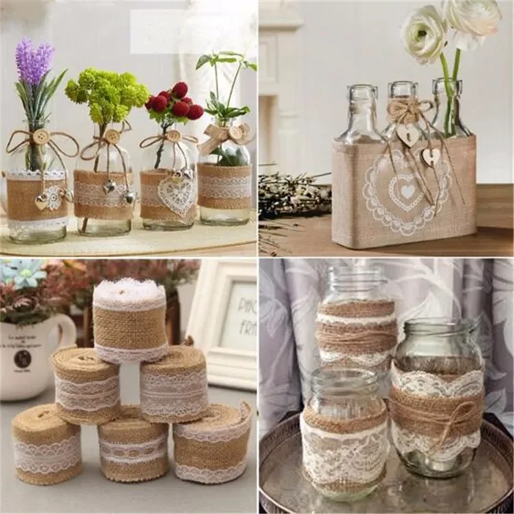 2M/Roll Natural Vintage Jute Burlap Lace Ribbon Crafts DIY Sewing Jute Fabric Gift Wrap Wedding Party Christmas Home Decoration