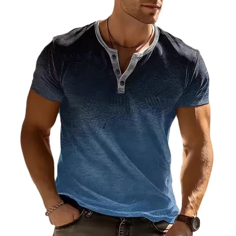 2025 Nuevo jersey versátil suelto de manga corta con cuello Henry degradado a rayas informal de uso diario para hombre