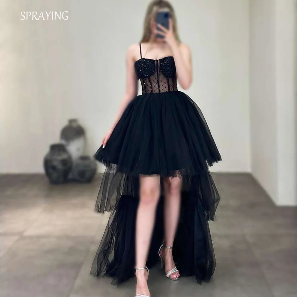 

SPRAYING Cute Evening Party Dresses Spaghetti Straps Hi-Lo Prom Gown Custom Made Tiered Tulle Birthday Dresses Beading