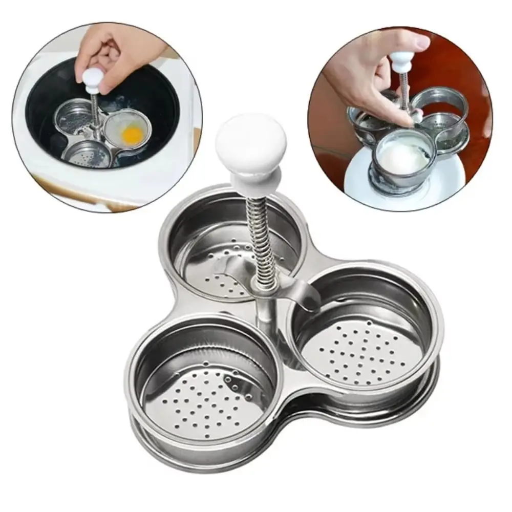 Stainless Steel Poached Egg Maker Non-Stick with Spring Handle Egg Poaching Pan 3 Grids Heat-resistant Eggs Cooker