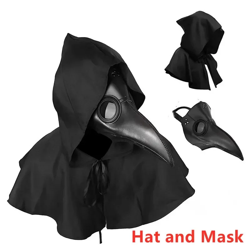 Steampunk Plague Doctor Mask and Cloak Costume Props  Long Nose Beak Leather Masks for Adult Reaper Cloak Medieval Black Hat