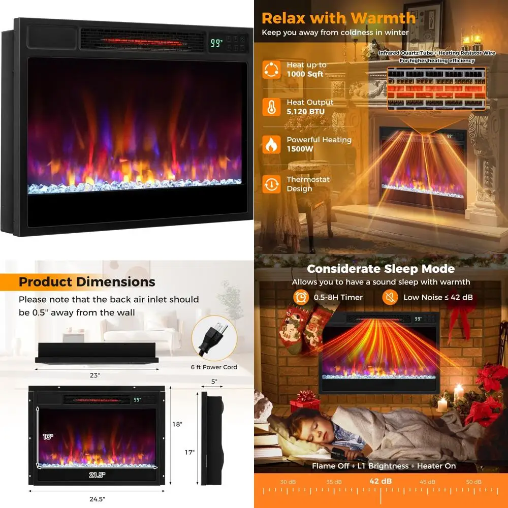 

Электрическая каминная вставка 23 дюйма, 1500 Вт, встраиваемая с дистанционным управлением, 6 цветов пламени, 5 настроек яркости, решение для внутреннего нагрева