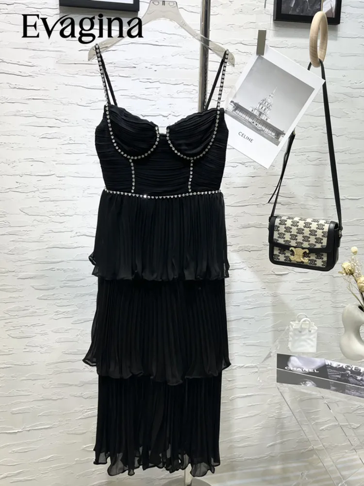 Evagina Spring/Summer Polyester Elegant Sexy Diamond Decorated High-Waisted Slim Pleated Black Suspenders Dress