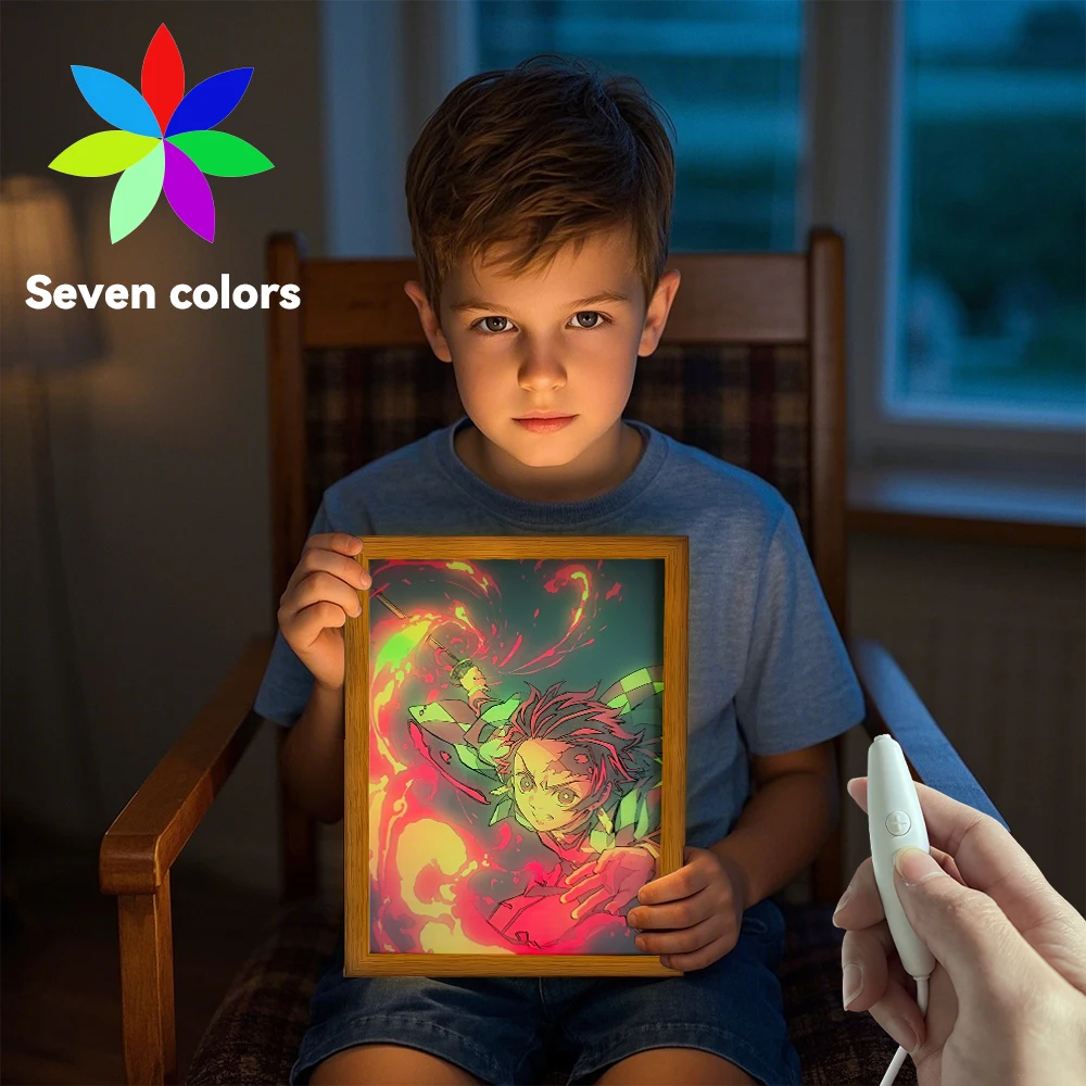 

Anime Figure 7Color Light Painting Photo Frame Action Figures Tanjirou Led NightLight Demon Slayer Kimetsu No Yaiba Kids Gifts