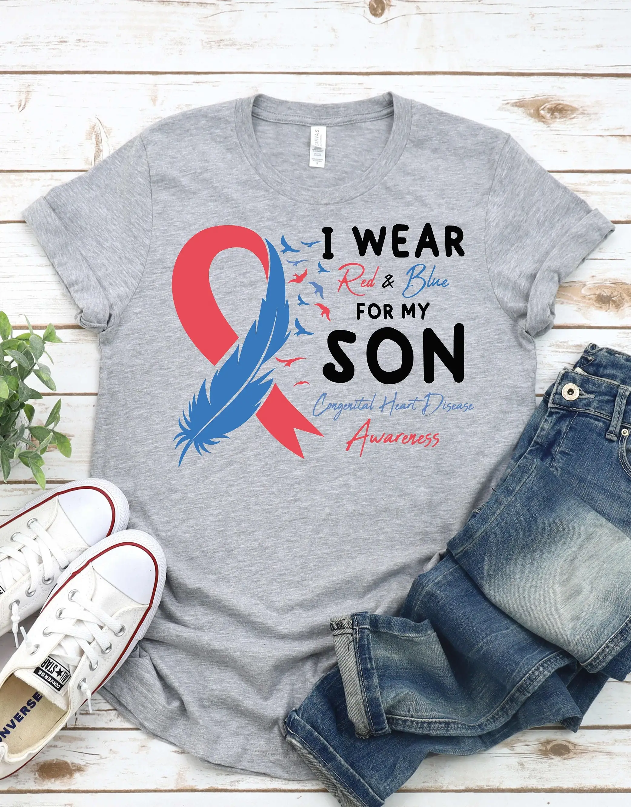 I Wear Red And Blue For My Son Congenital Heart Disease Awareness T Shirt Chd Support Mom Birth Defects