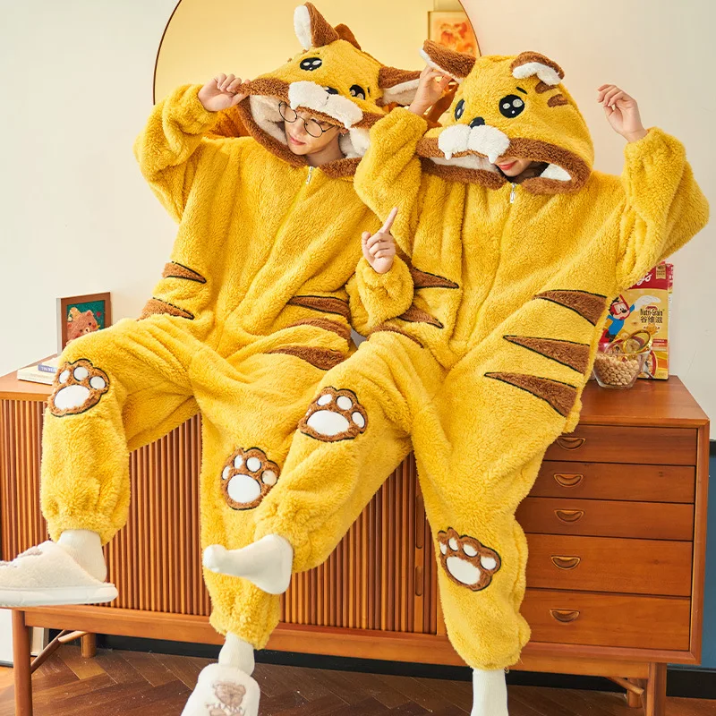 Winter Couple Matching Kawaii Pajamas Jumpsuit Robe Anime Cosplay Homewear Cartoon Dinosaur Thick Warm Comfy Hooded Lounge Wear