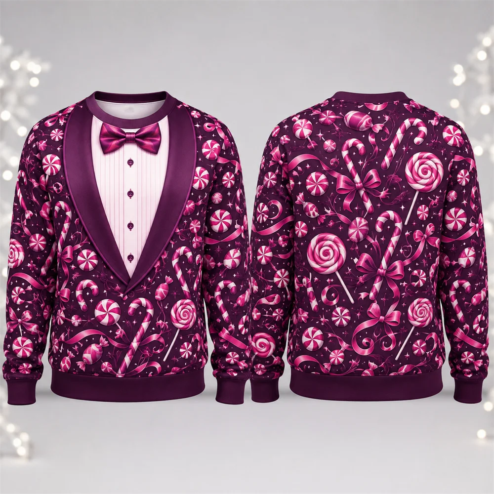 Funny 3D Print Christmas Fake Lapel Pattern Ugly Sweater For Men Crew Neck Long Sleeve Bell Bow Printed Design Christmas Party