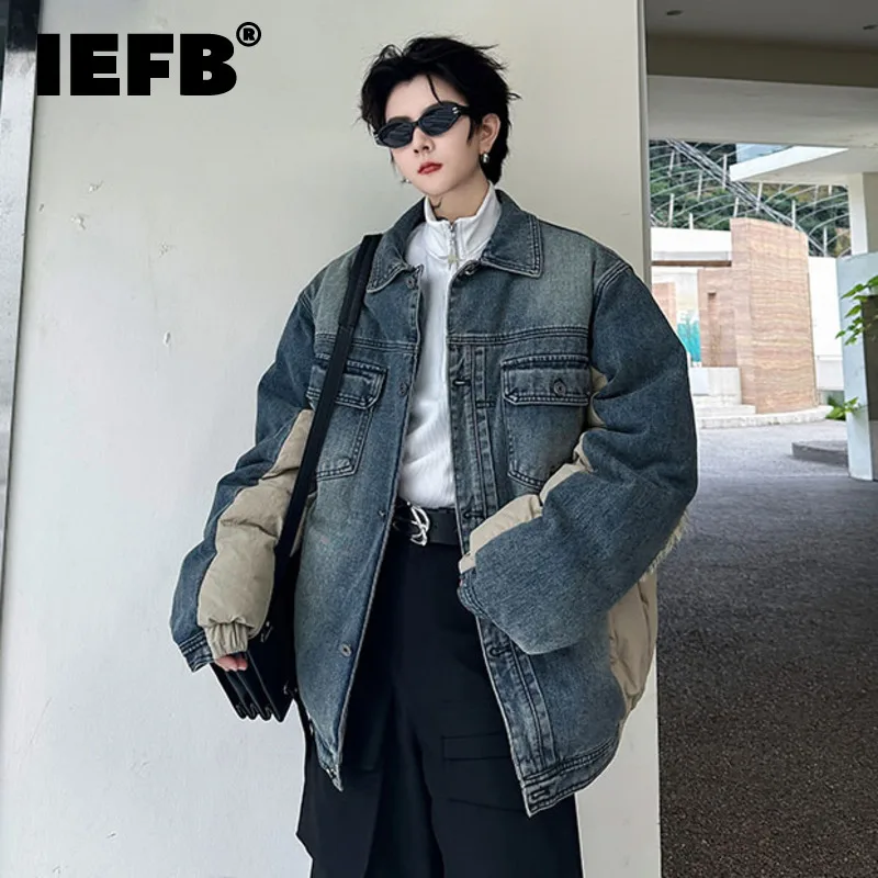 IEFB Trend Men\'s Denim Patchwork Cotton Coat Contrast Color Loose Down Jacket 2023 Fashion New Niche Design Male Clothing 9C3442