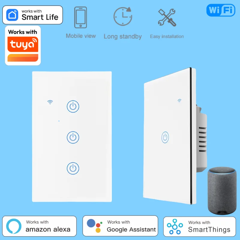 WiFi&Buletooth US Standard Touch Panel Switch Smart Switch Panel 1/2/3/4 Way Works With Tuya Compatible with Google Home