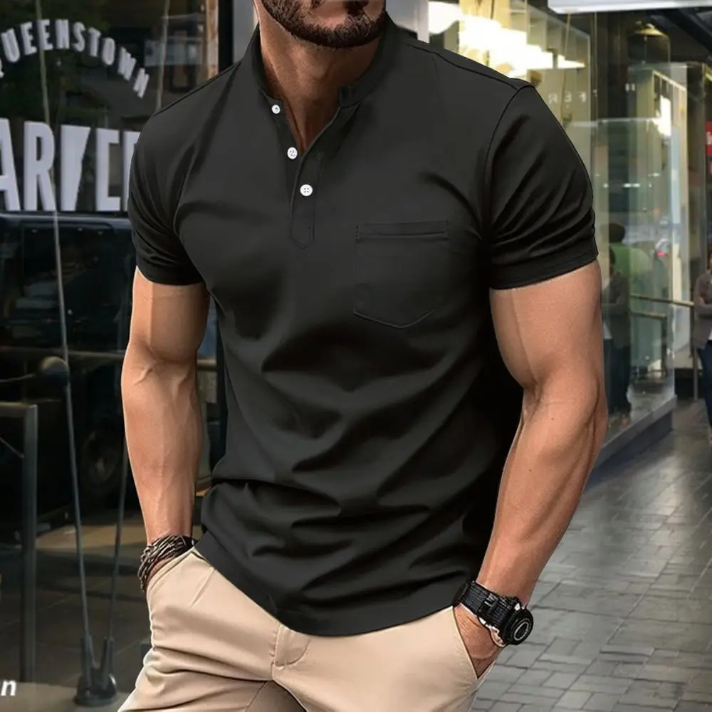 Summer Mens Waffle Fabric Stand Collar T Shirt Slim Fit Casual Workout Sport Fitness Muscle Short Sleeve Top