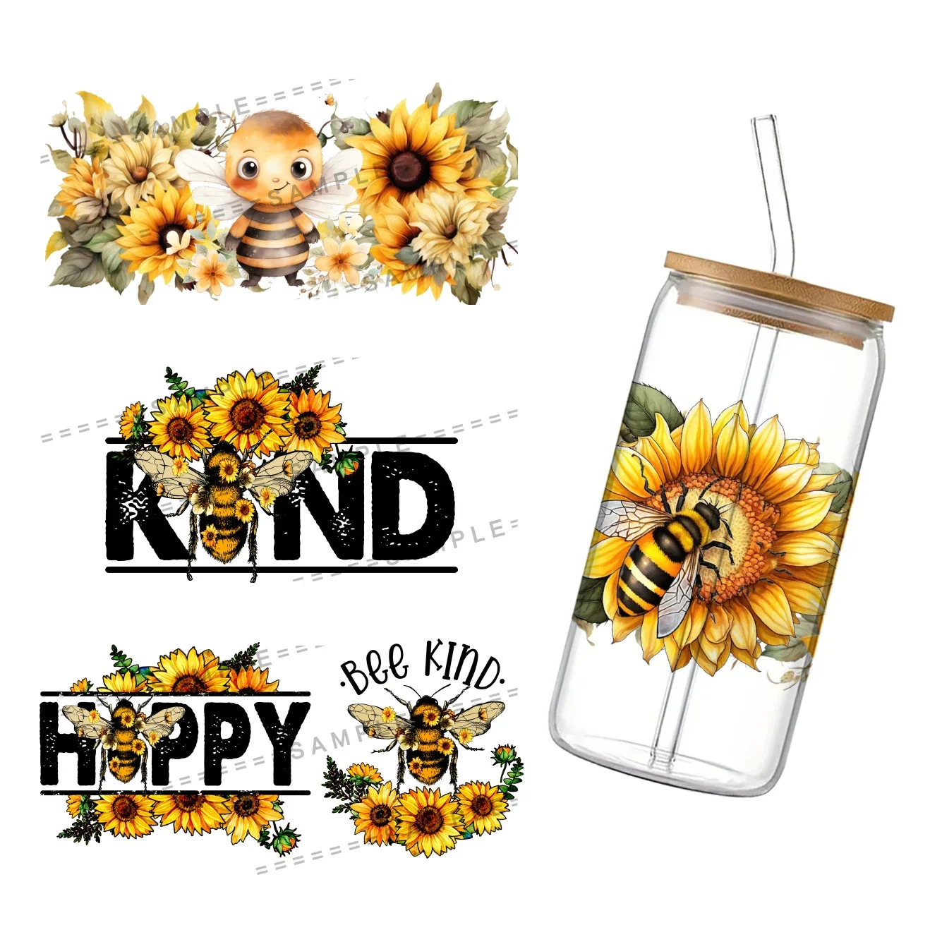 Honeybee UV DTF Cup Wrap for 16Oz Libbey Floral Glass Can DIY Transfer Sticker Sunflower