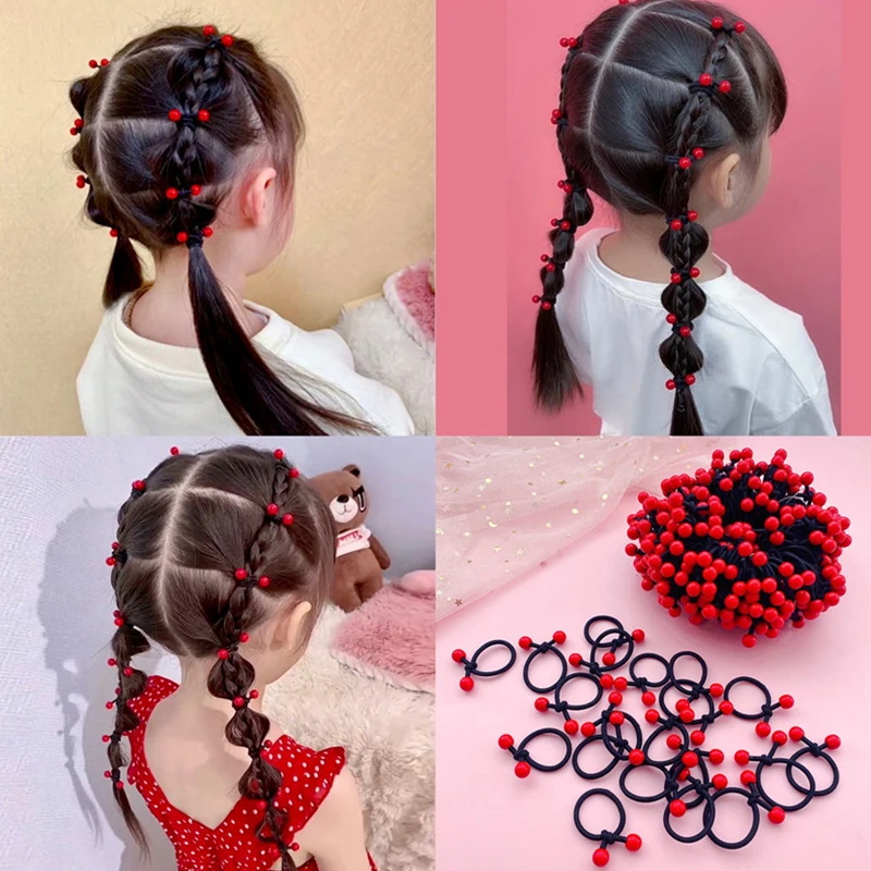 50PC/Set Children\'s Elastic Rubber Hair Bands for Girls Red Beans Ponytail Holders Hair Rope Ties Hair Accessories